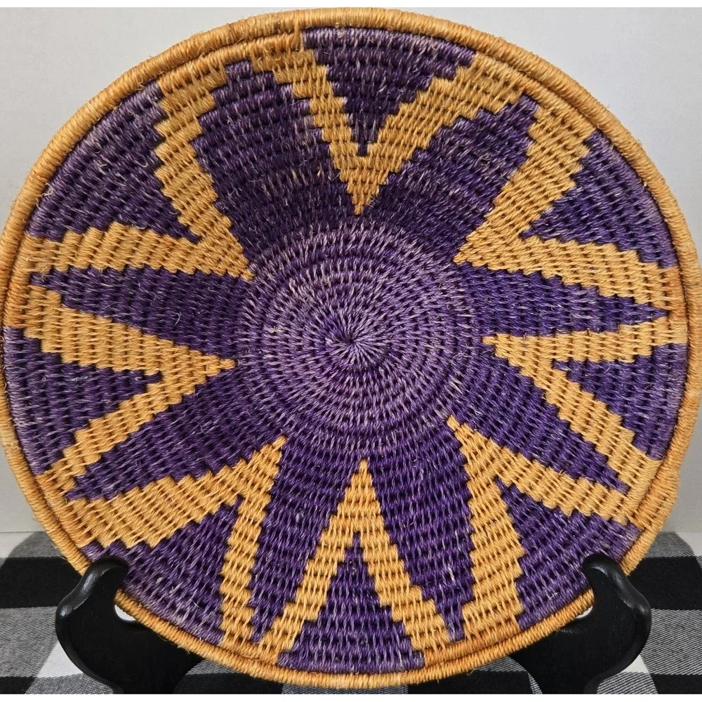 Handmade Woven Grass Basket Bowl Vibrant Design Wall Art Tabletop Purple Tan Art
